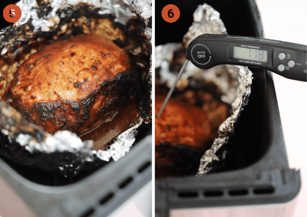 The cooked gammon joint in the air fryer and a food thermometer showing 71C.