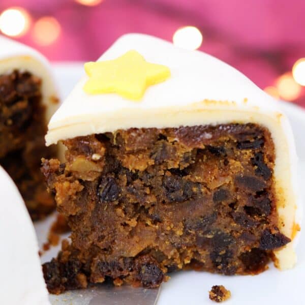 A slice of gluten free Christmas cake.