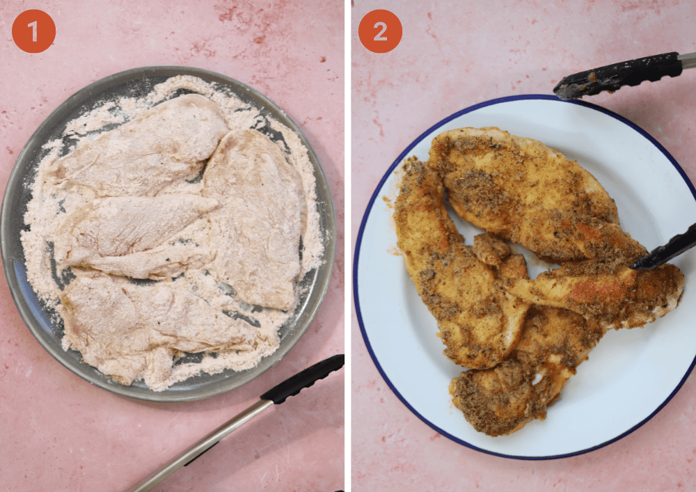 Coating chicken breasts in flour then frying them for Tuscan chicken.