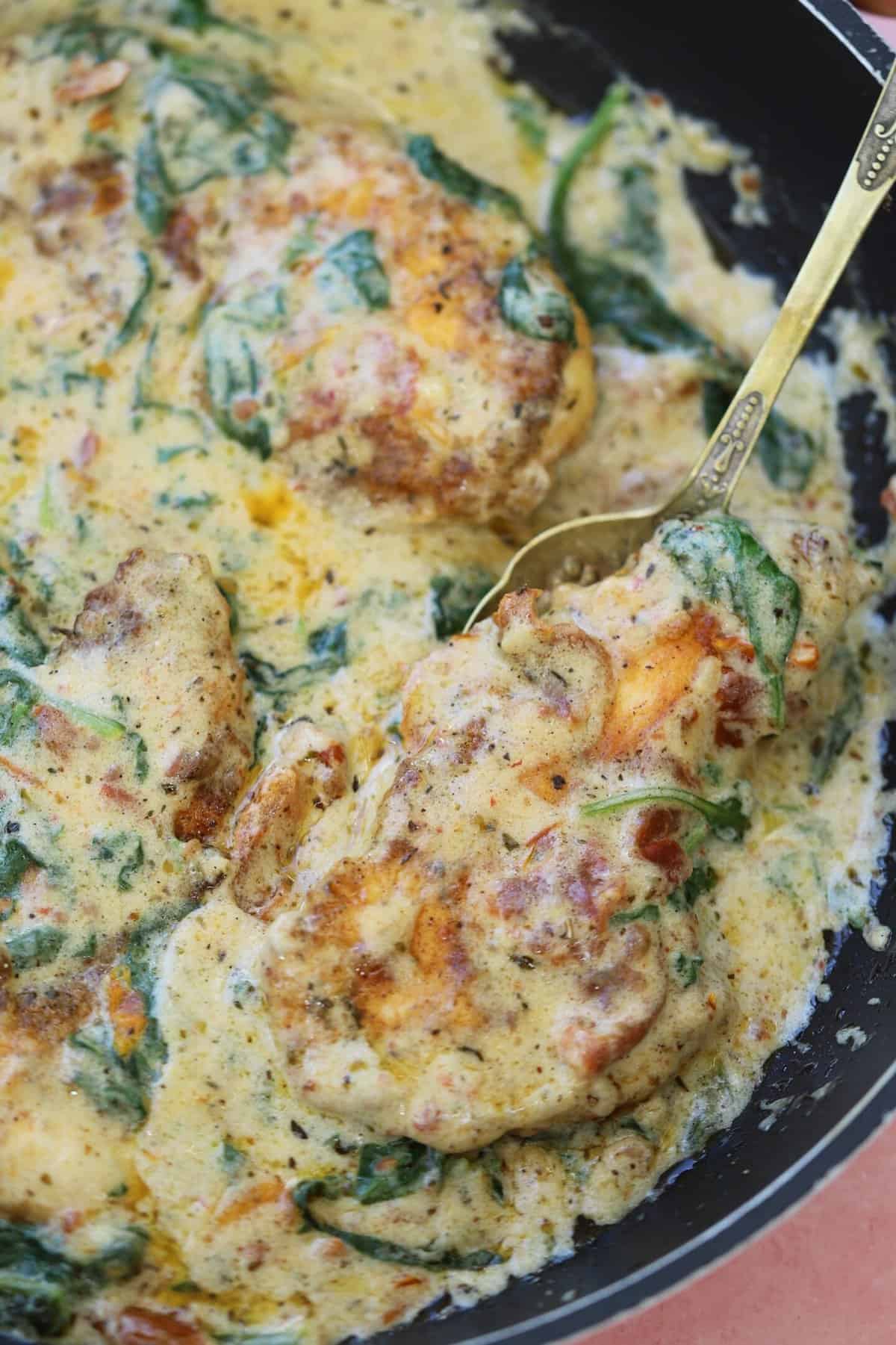 A pan of creamy Tuscan chicken.