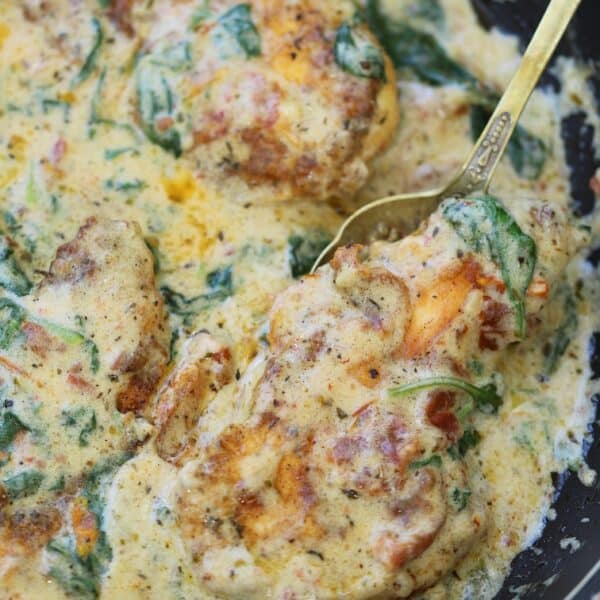 A pan of creamy Tuscan chicken.