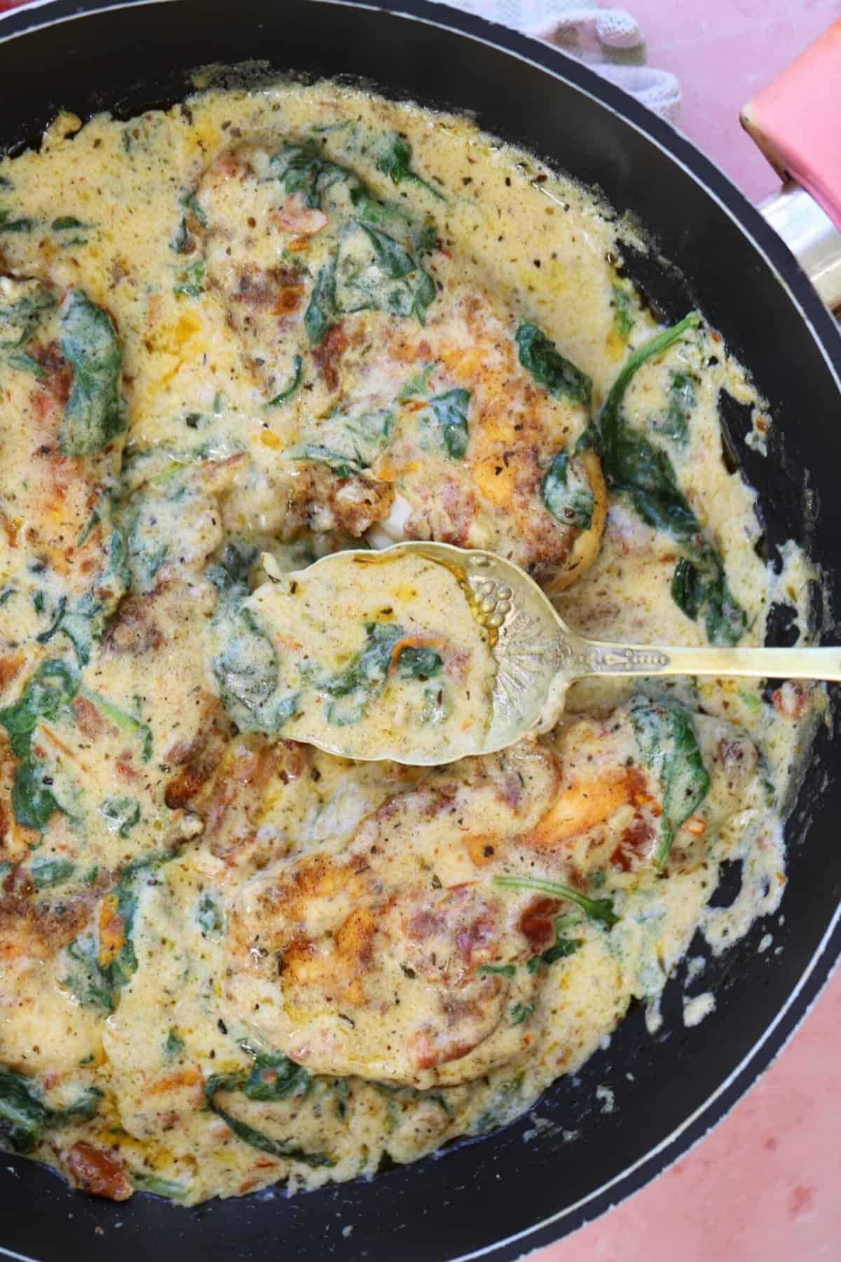 A pan of creamy Tuscan chicken.