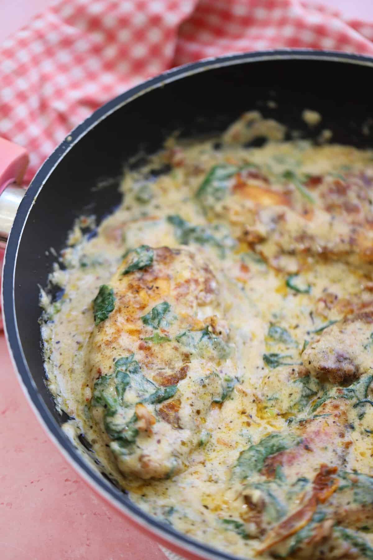 A pan of creamy Tuscan chicken.