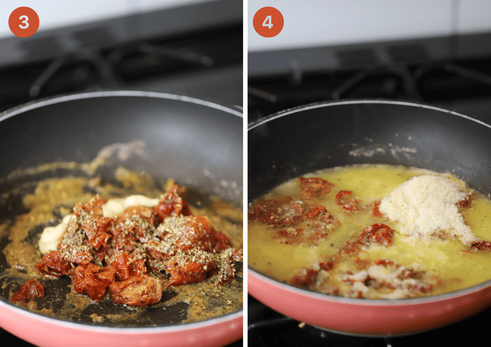 Making the sun dried tomato sauce in a pan for Tuscan chicken.