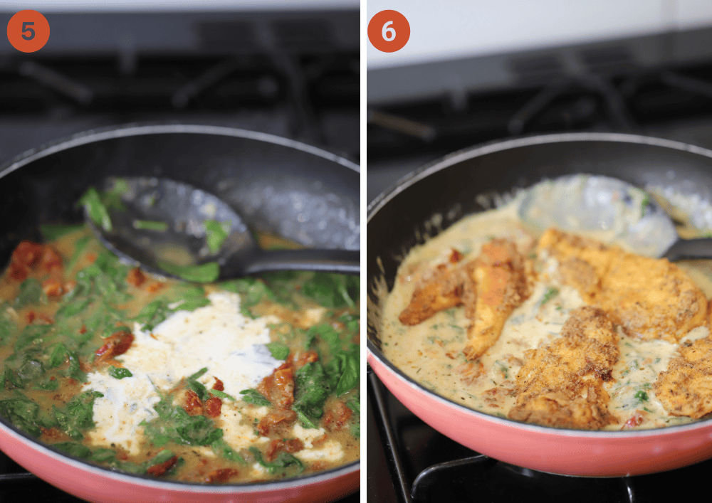 The final recipe steps for making Tuscan chicken, adding cream and spinach then adding chicken back into the pan.