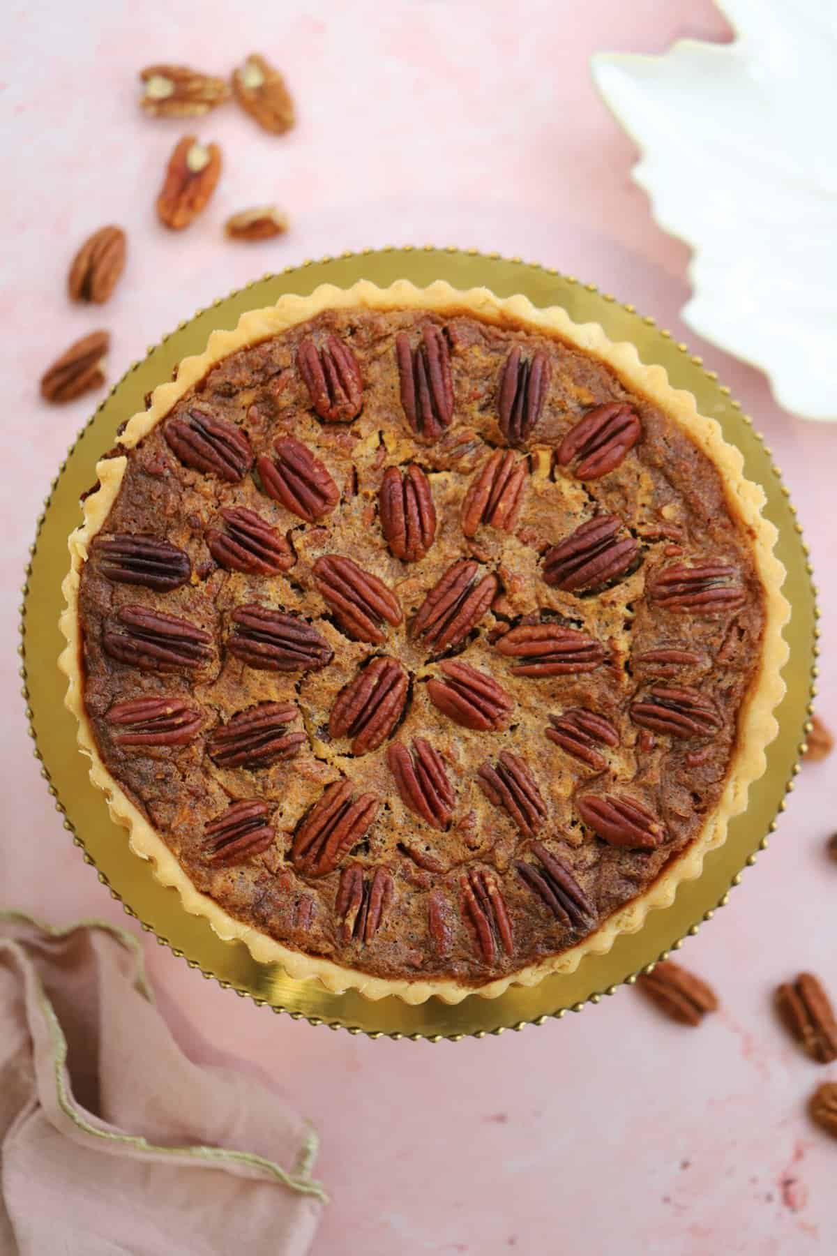 Overhead shot of a gluten free pecan pie.