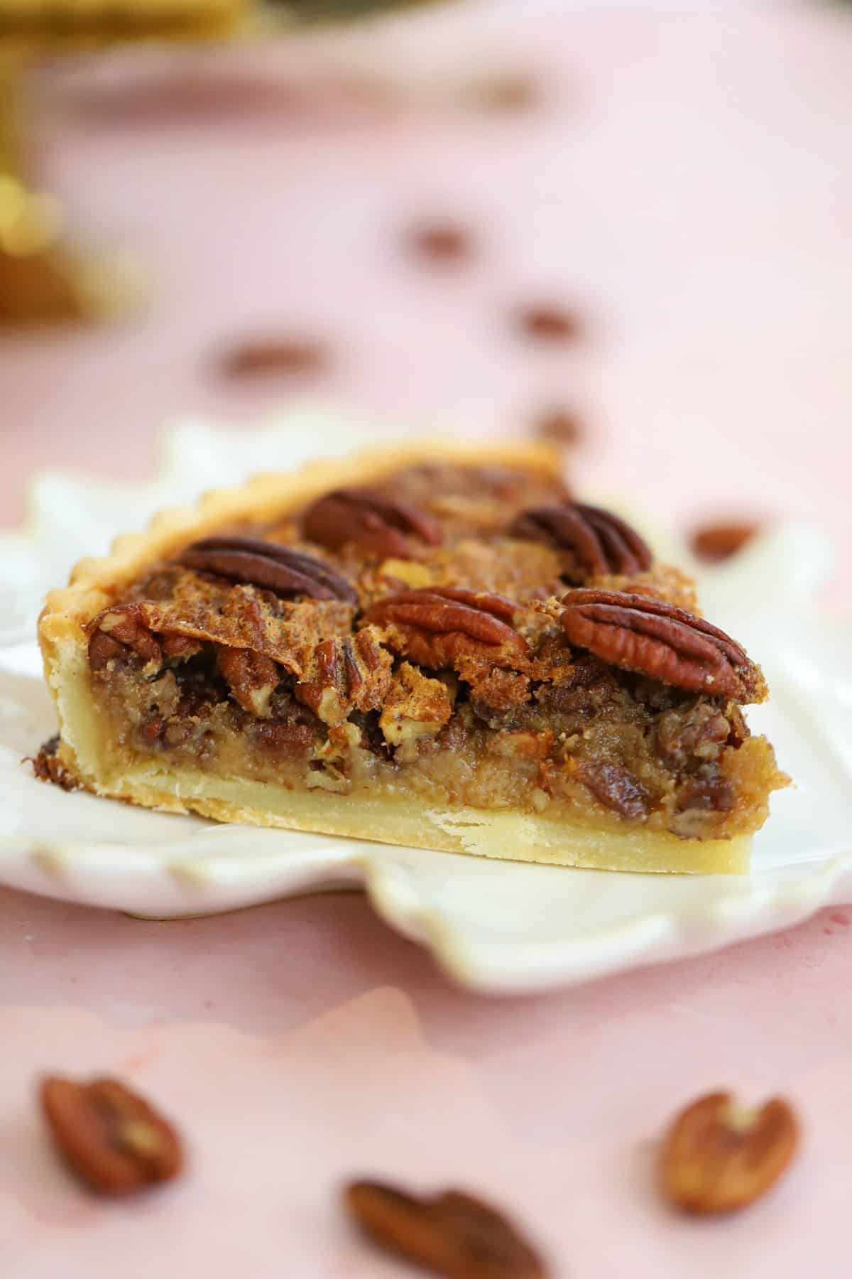 A slice of gluten free pecan pie.