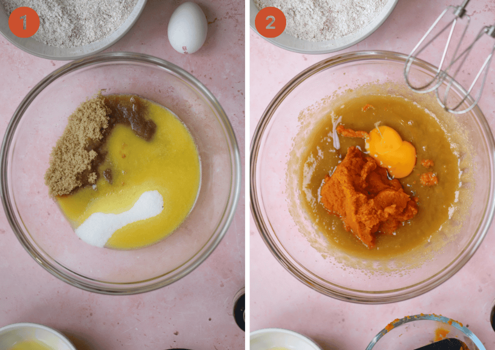 Mixing butter and sugars together in a bowl then adding pumpkin puree and egg.