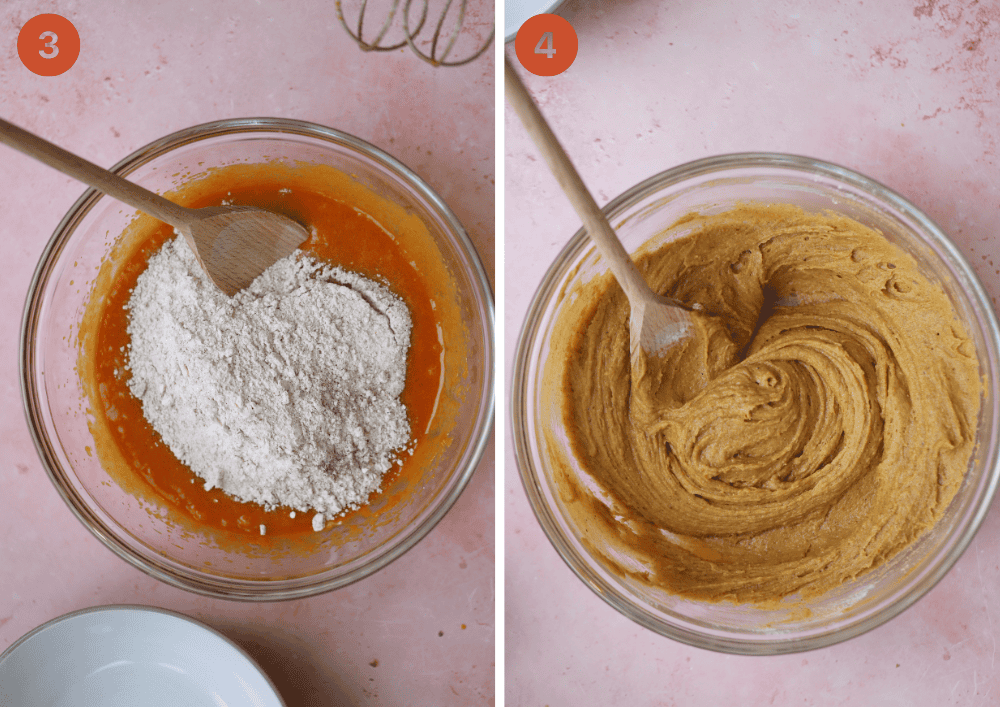 Adding gluten free flour to the wet ingredients to make pumpkin cookie dough in a glass bowl.