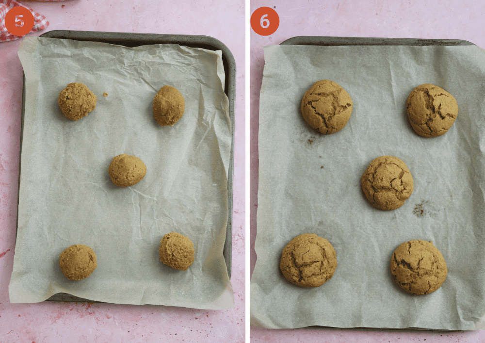 Gluten free pumpkin cookies on a tray before and after baking.