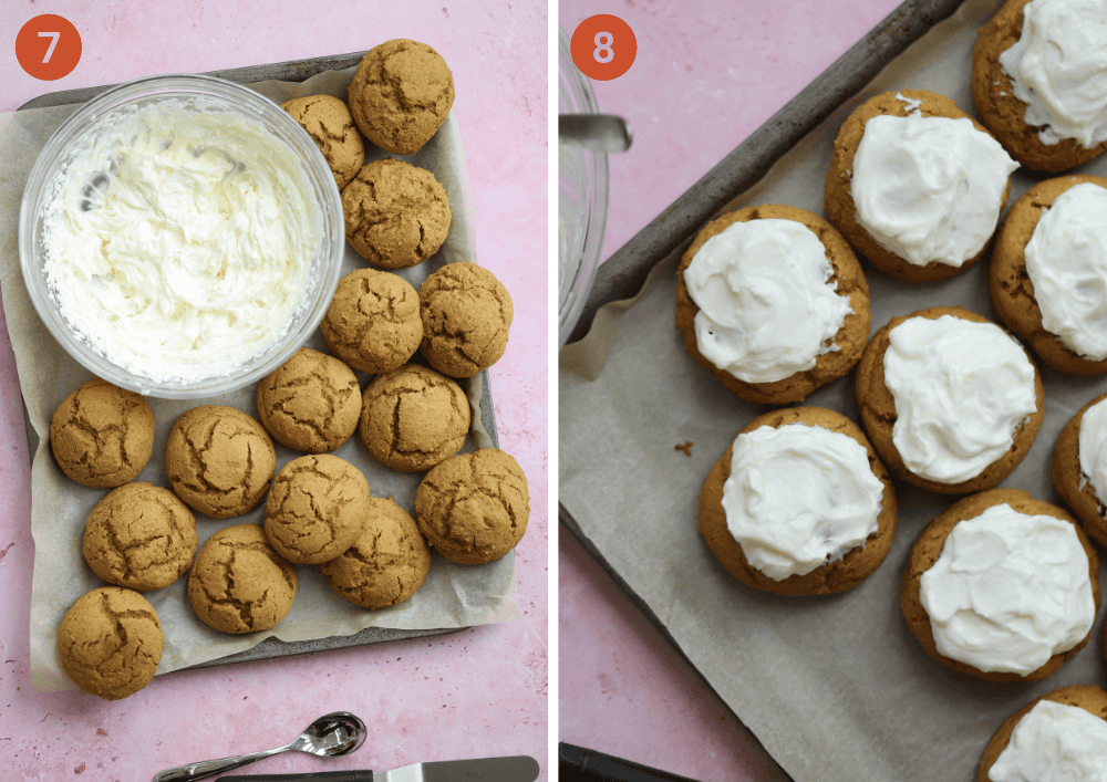 The soft pumpkin cookies before and after adding the cream cheese frosting.