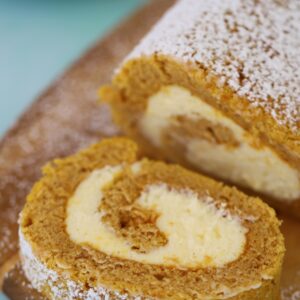 A slice of gluten free pumpkin roll.