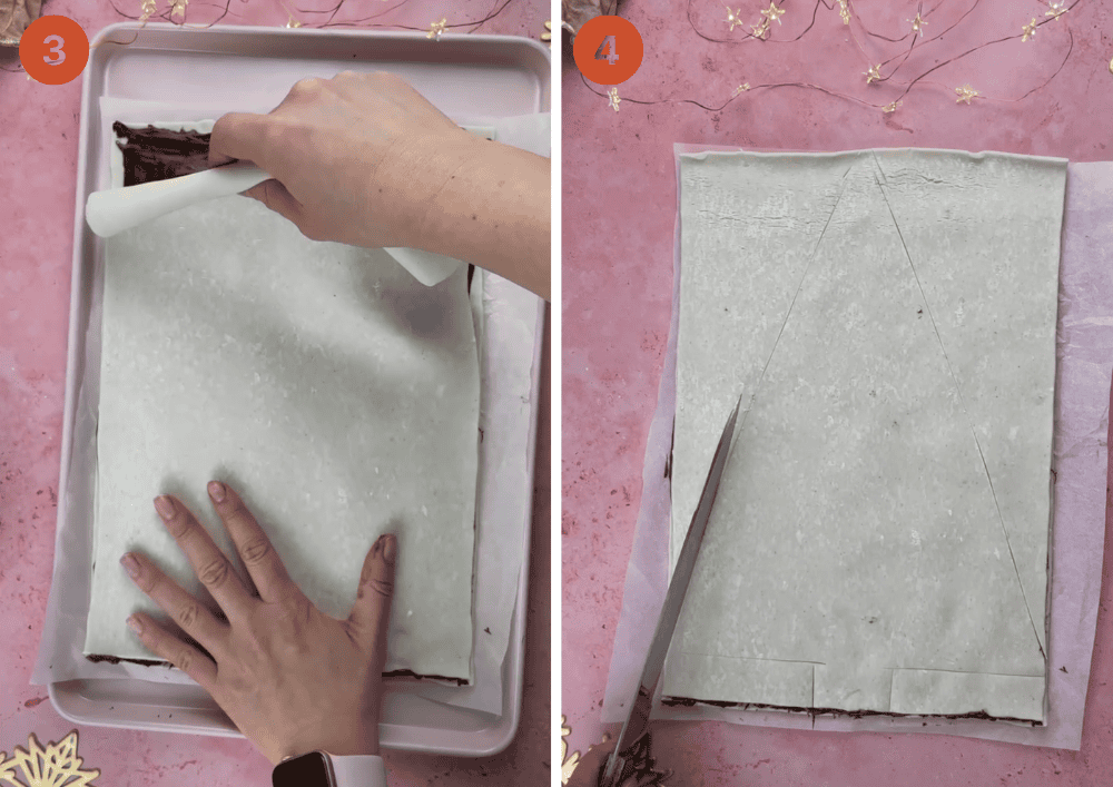 Lay on the second sheet of pastry then cut the Christmas tree outline.