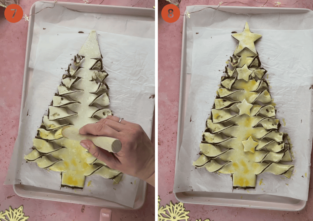 Brush the tree with beaten egg then stick on the pastry stars.