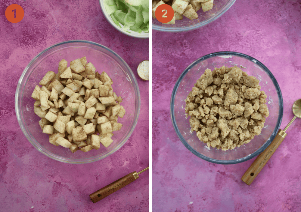 Preparing the apples and crumble topping for cinnamon apple muffins.