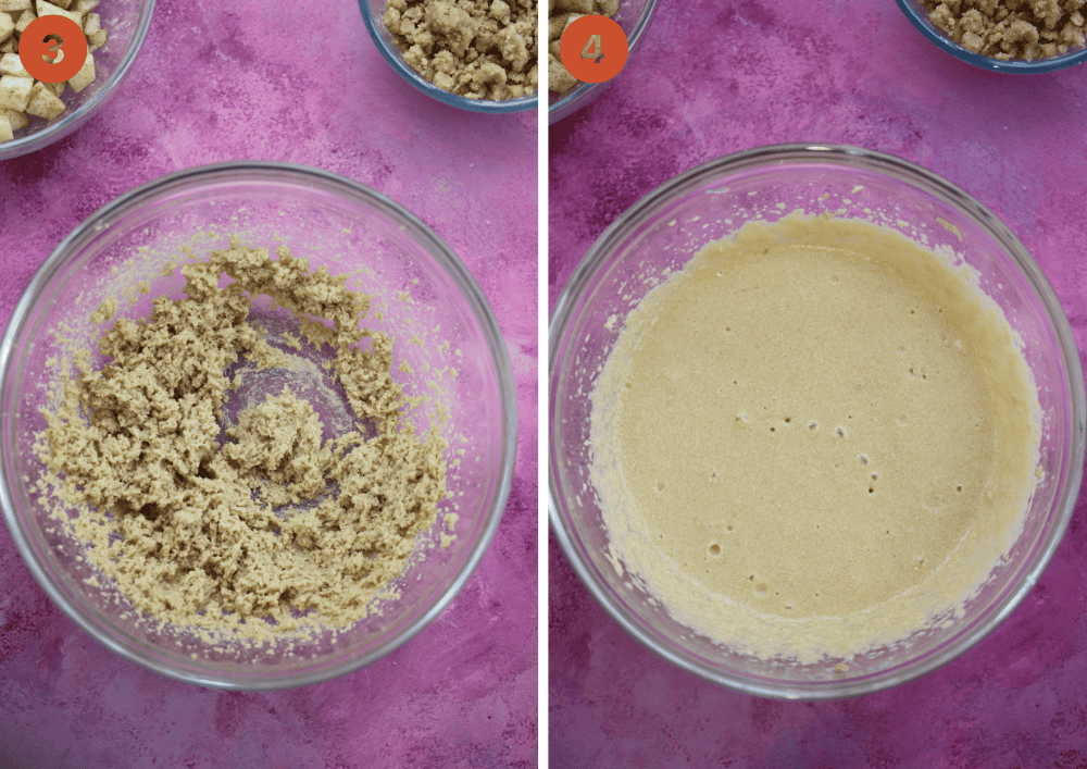 Stages of making gluten free apple muffins by mixing the wet ingredients in a bowl.