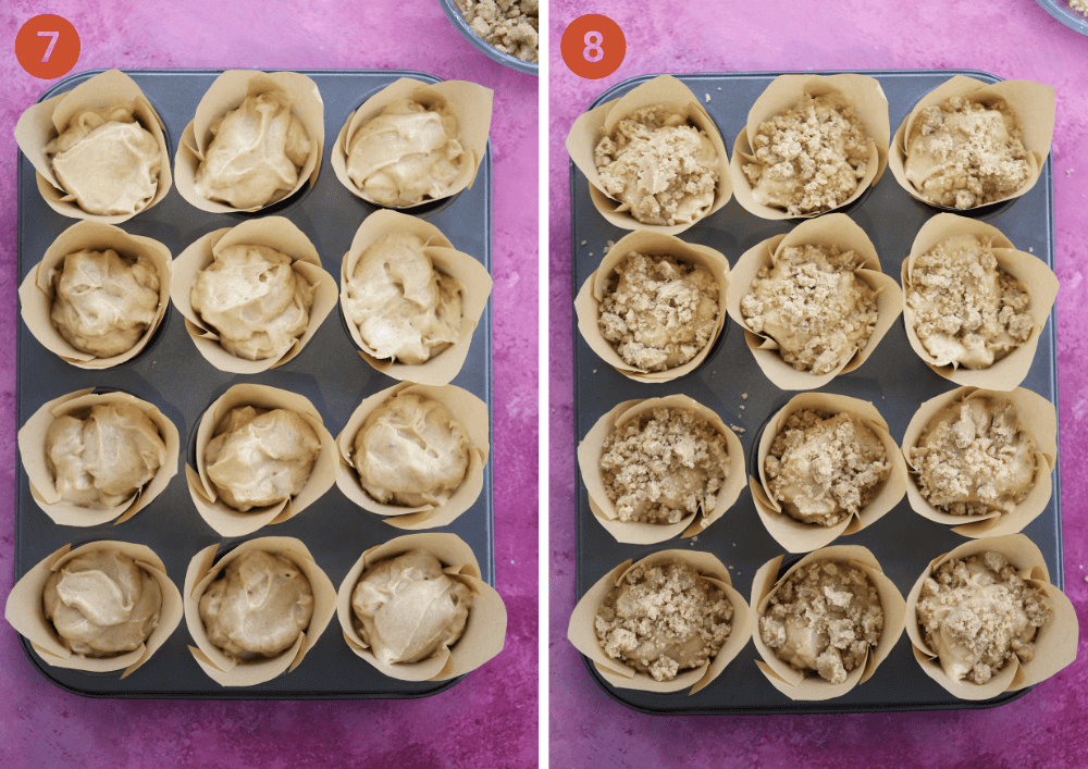 The cinnamon apple muffin batter in cases and (right) sprinkled with the crumble crumb before baking.