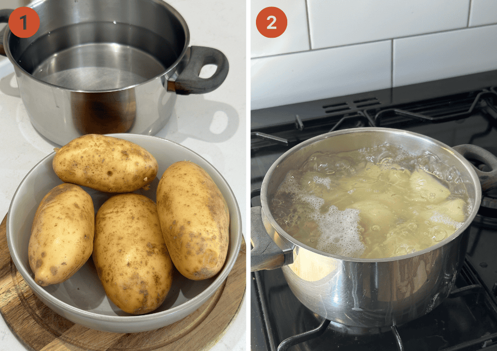 A bowl of potatoes and (right) the peeled potato chunks boiling in water.