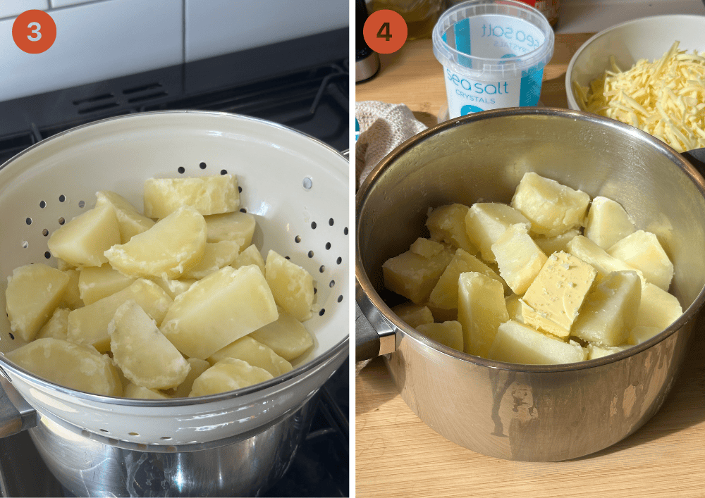 Potato chunks air drying in a colander then in a pan with butter.