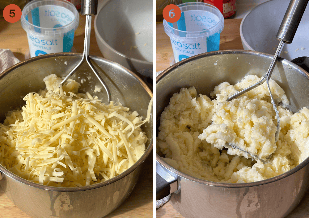 Photos showing the steps to make cheesy mashed potatoes.