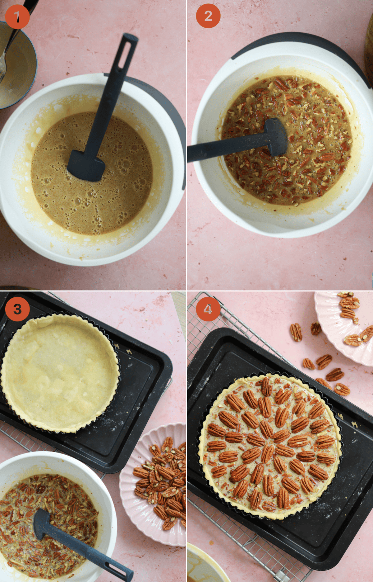 Recipe steps showing how to make a pecan pie filling and the finished pie before baking.