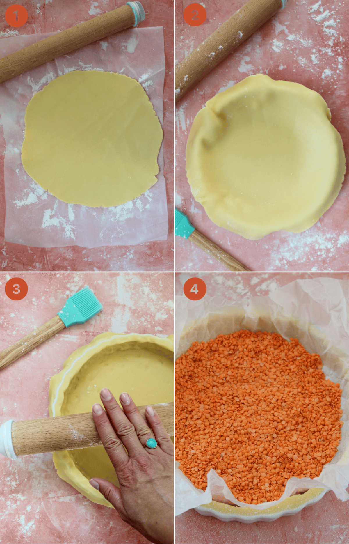 Recipe steps showing how to blind bake gluten free pastry for pecan pie.