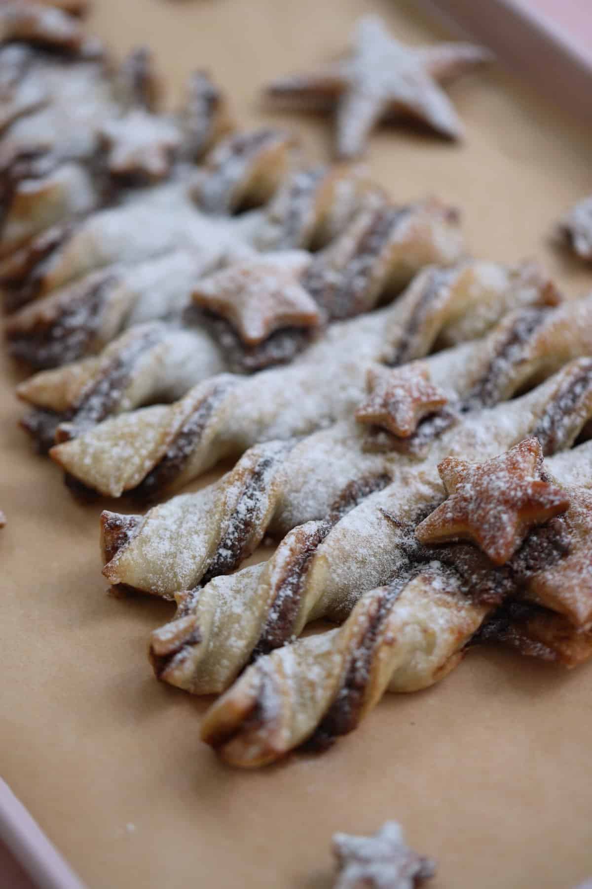 Close up of A Nutella puff pastry Christmas tree.