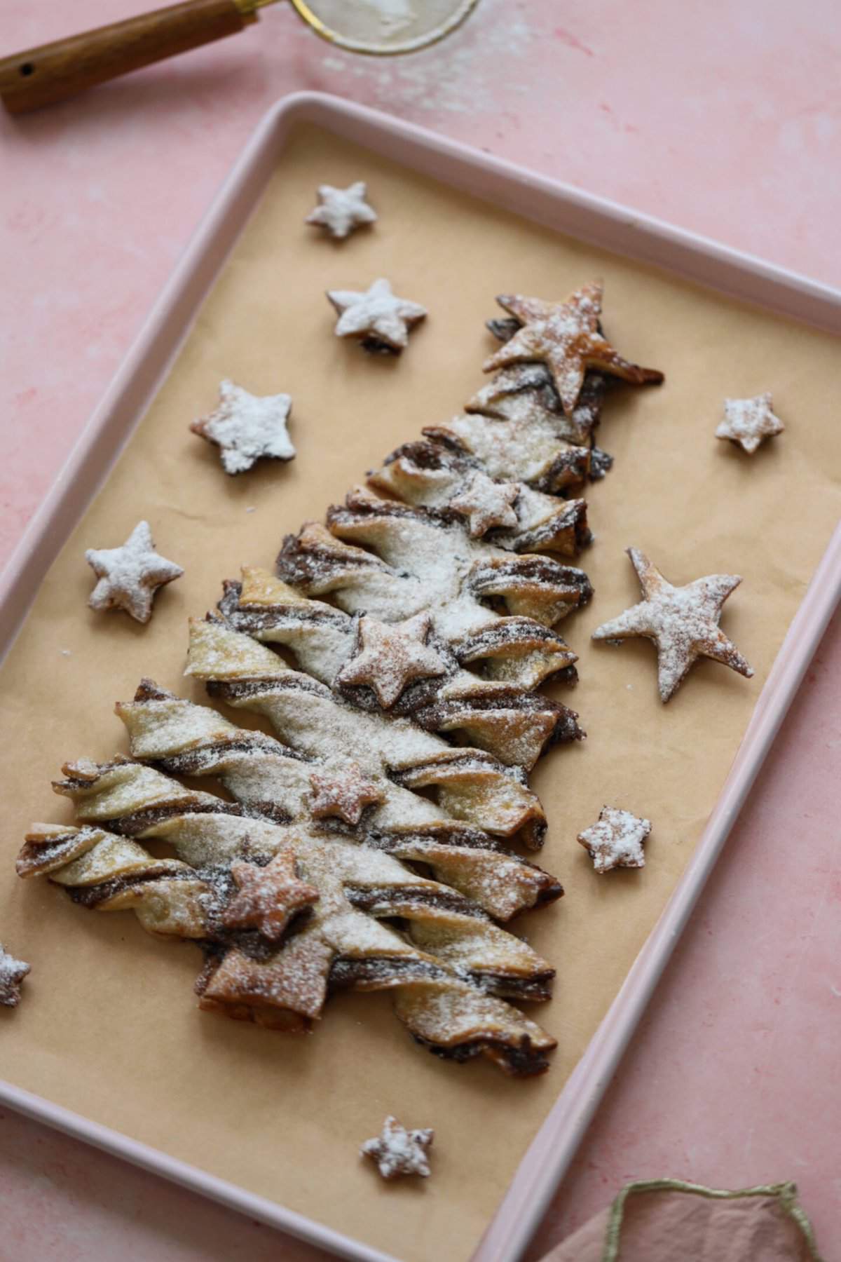 A Nutella Christmas tree on a baking sheet.