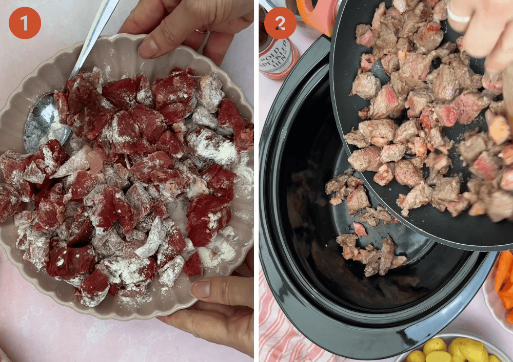 Left: A bowl of beef steak coated in flour ready for frying and (right) fried beef steak being poured into the slow cooker from a pan.