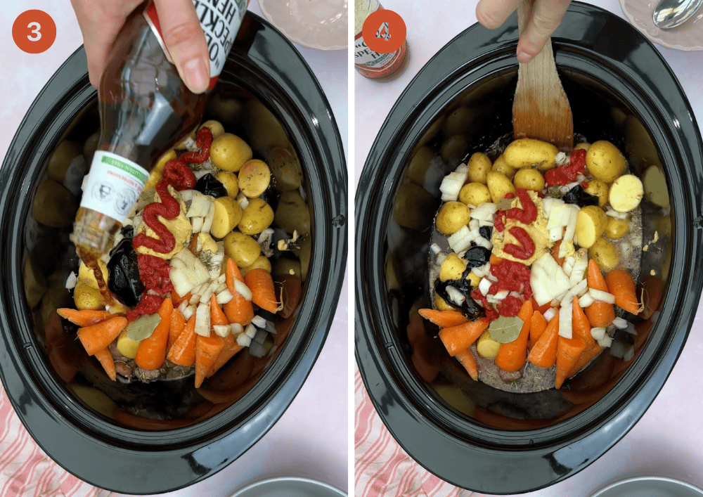 Pouring ale into the slow cooker and mixing together the beef and ale stew ingredients.