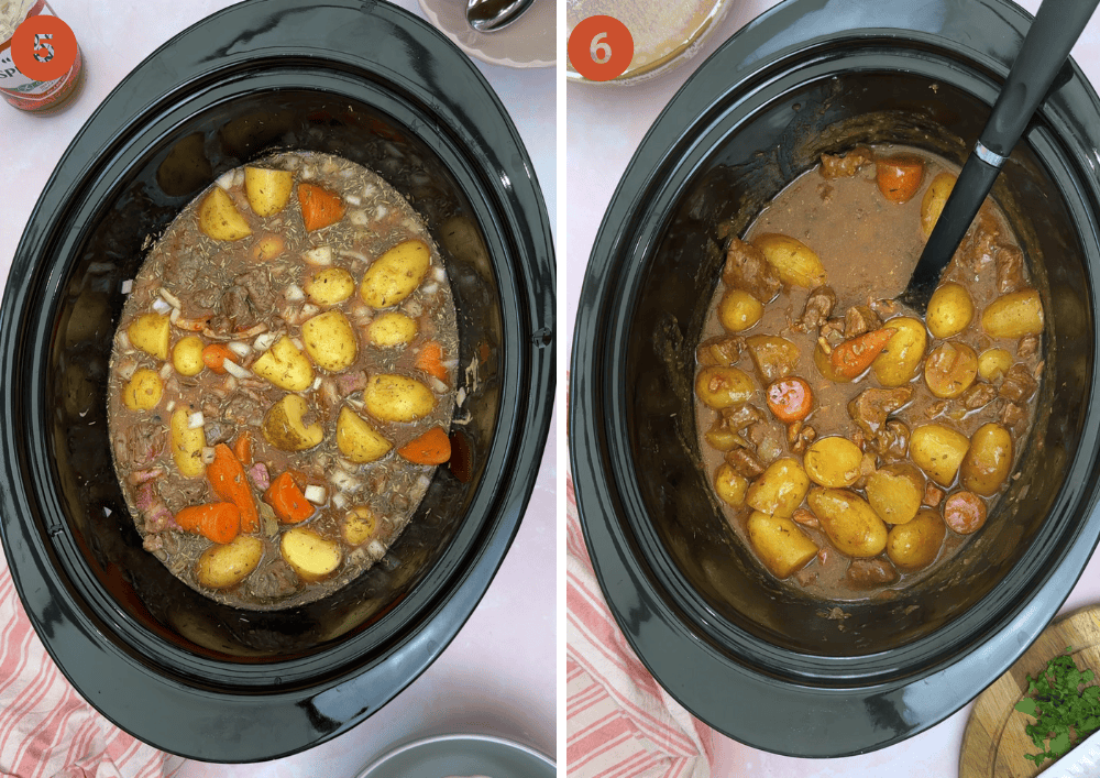 The beef and ale stew in the slow cooker before (left) and after (right) cooking.