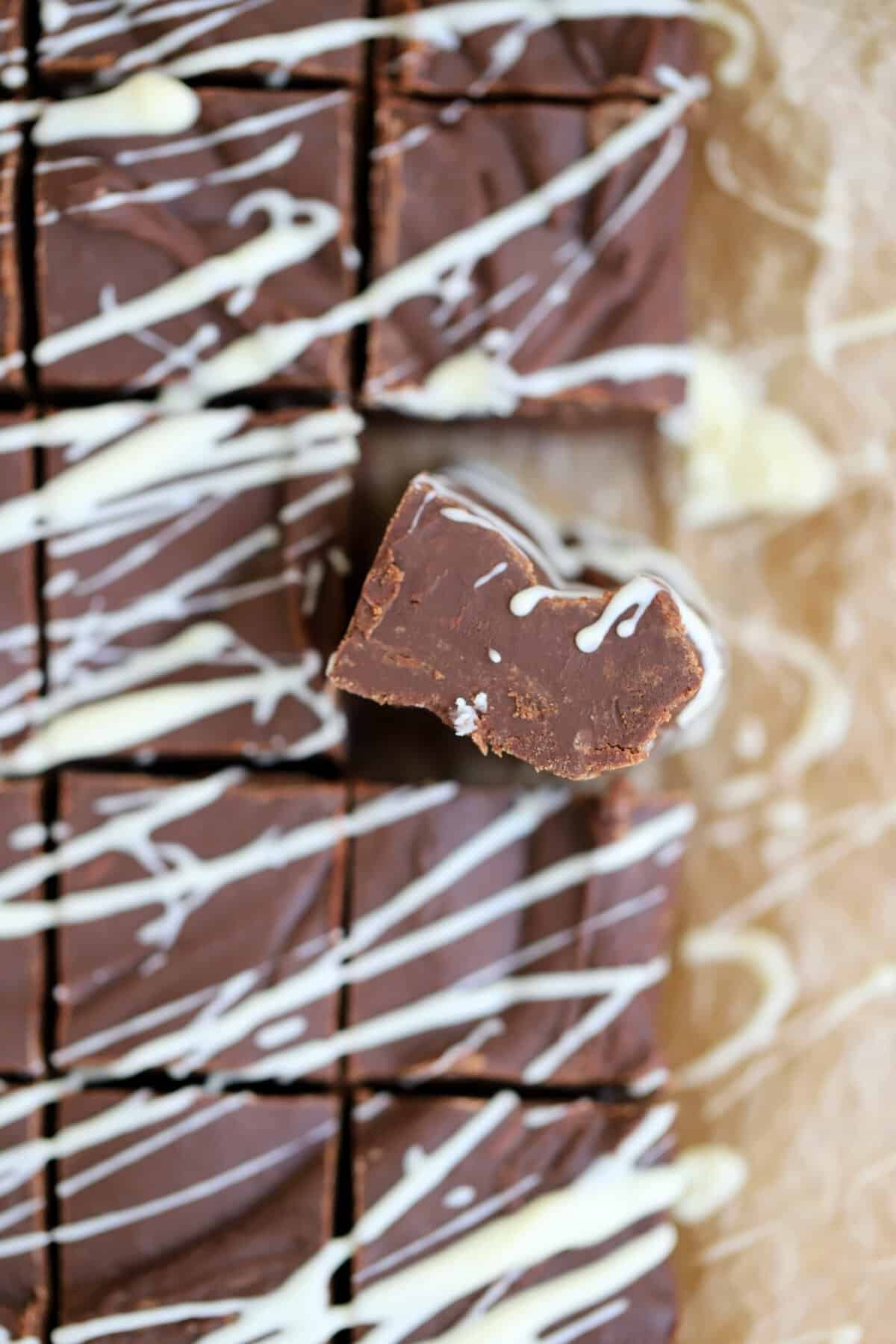 Close up of a square of slow cooker chocolate fudge.