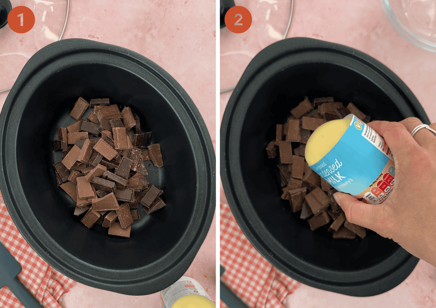 Adding the chocolate chunks and sweetened condensed milk into a slow cooker to make fudge.