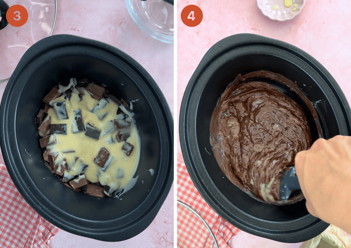 The slow cooker fudge mixture (left) before melting and (right) stirring half way through cooking.