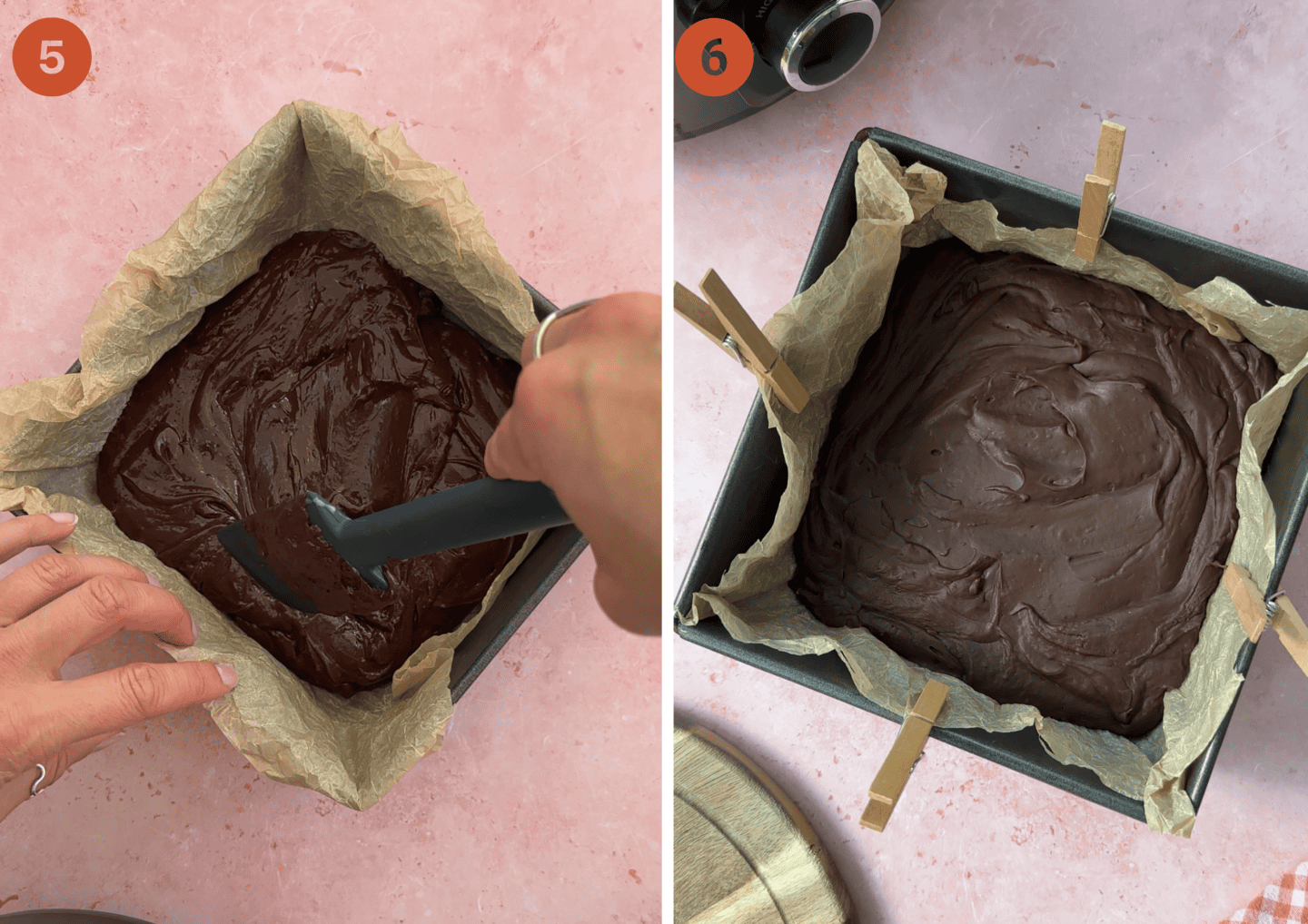 Smoothing out the melted fudge in a lined baking sheet and (right) the fudge are chilling.