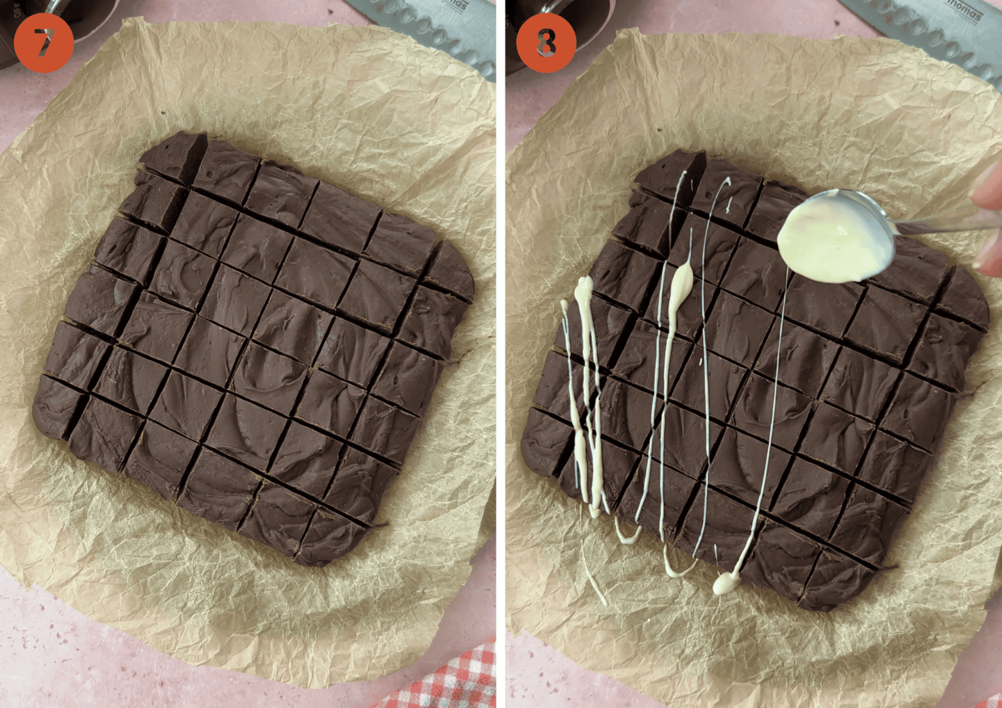 The slow cooker fudge before (left) and after (right) drizzling with melted white chocolate on a spoon.