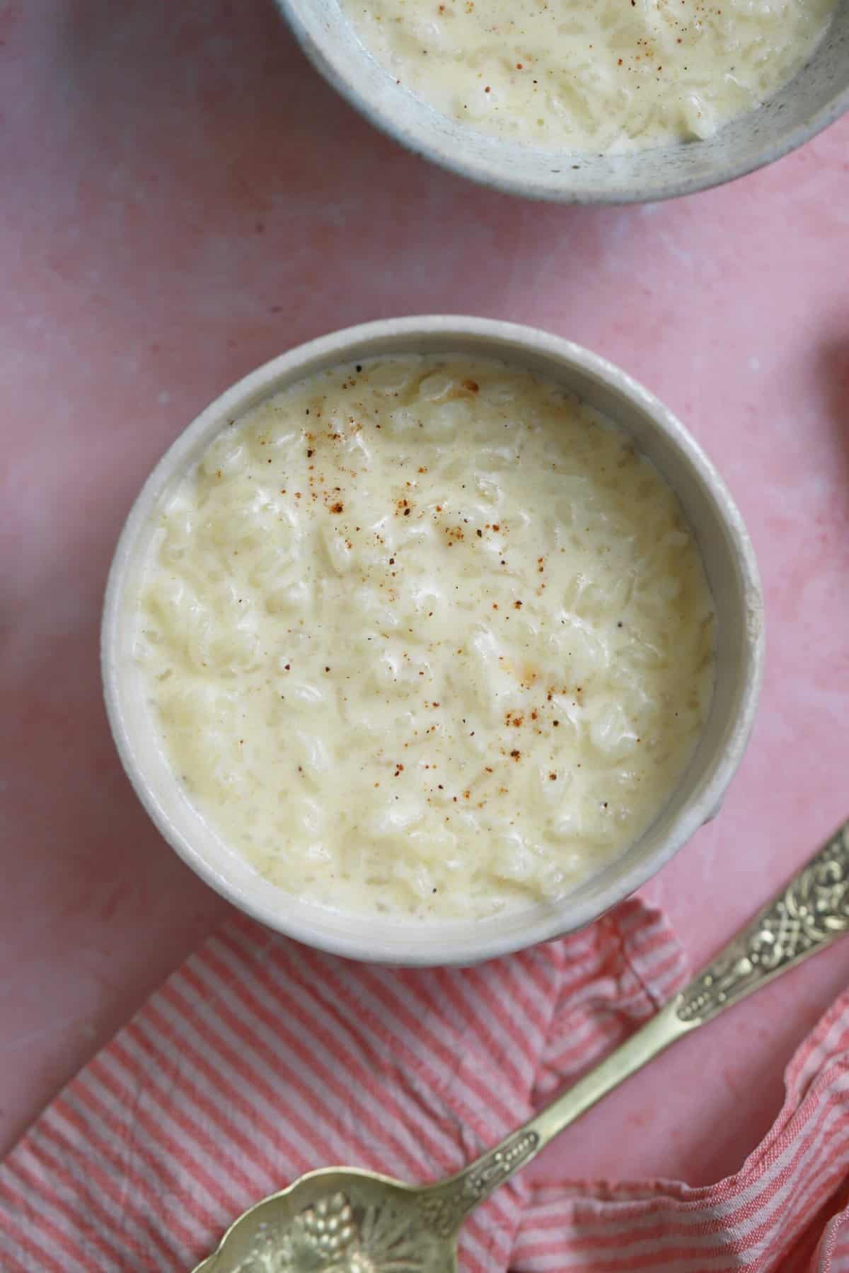 A bowl of rice pudding with a tiny sprinkle of ground nutmeg on top.