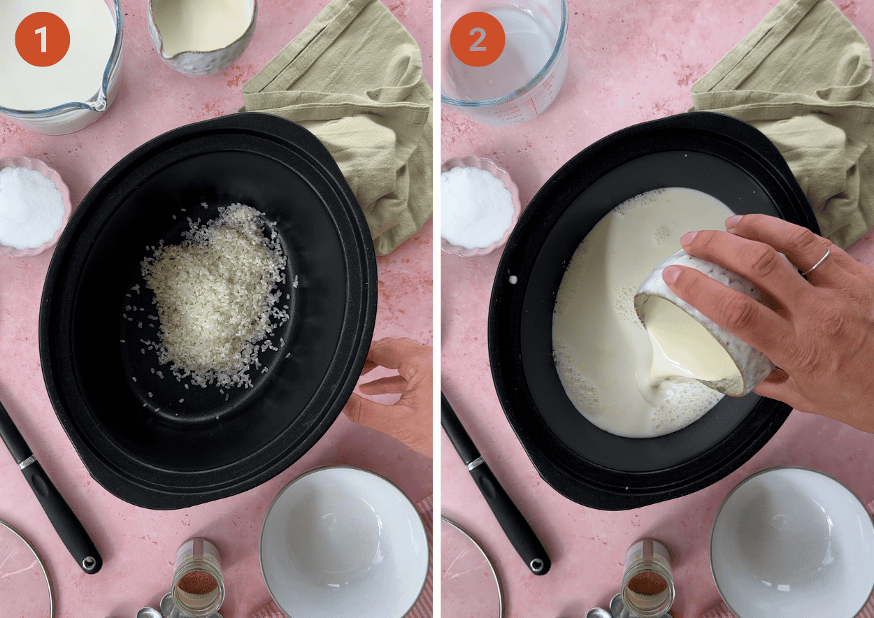 Adding pudding rice to a slow cooker then adding milk and cream to make rice pudding.