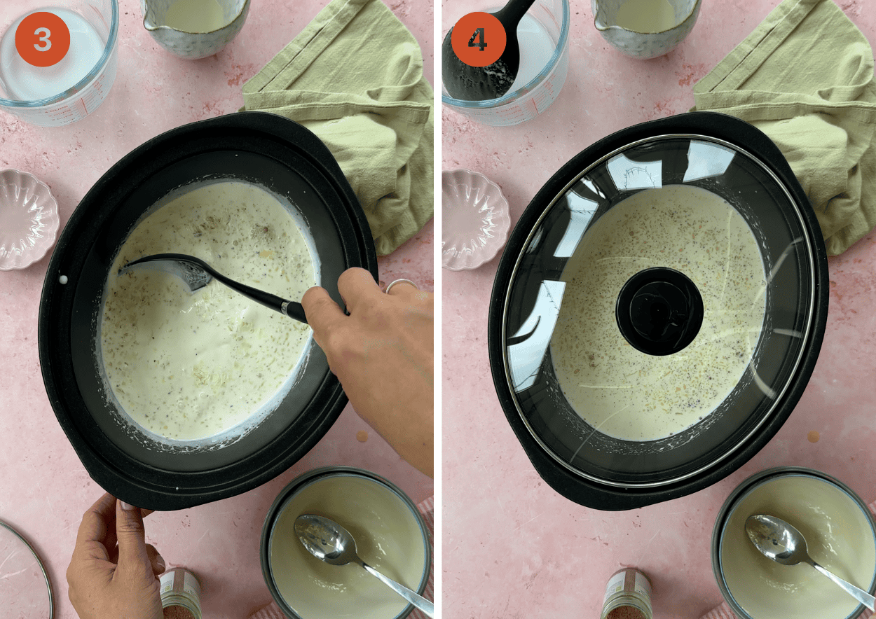 Making slow cooker rice pudding - recipe steps show stirring the mixture then placing the slow cooker lid on.