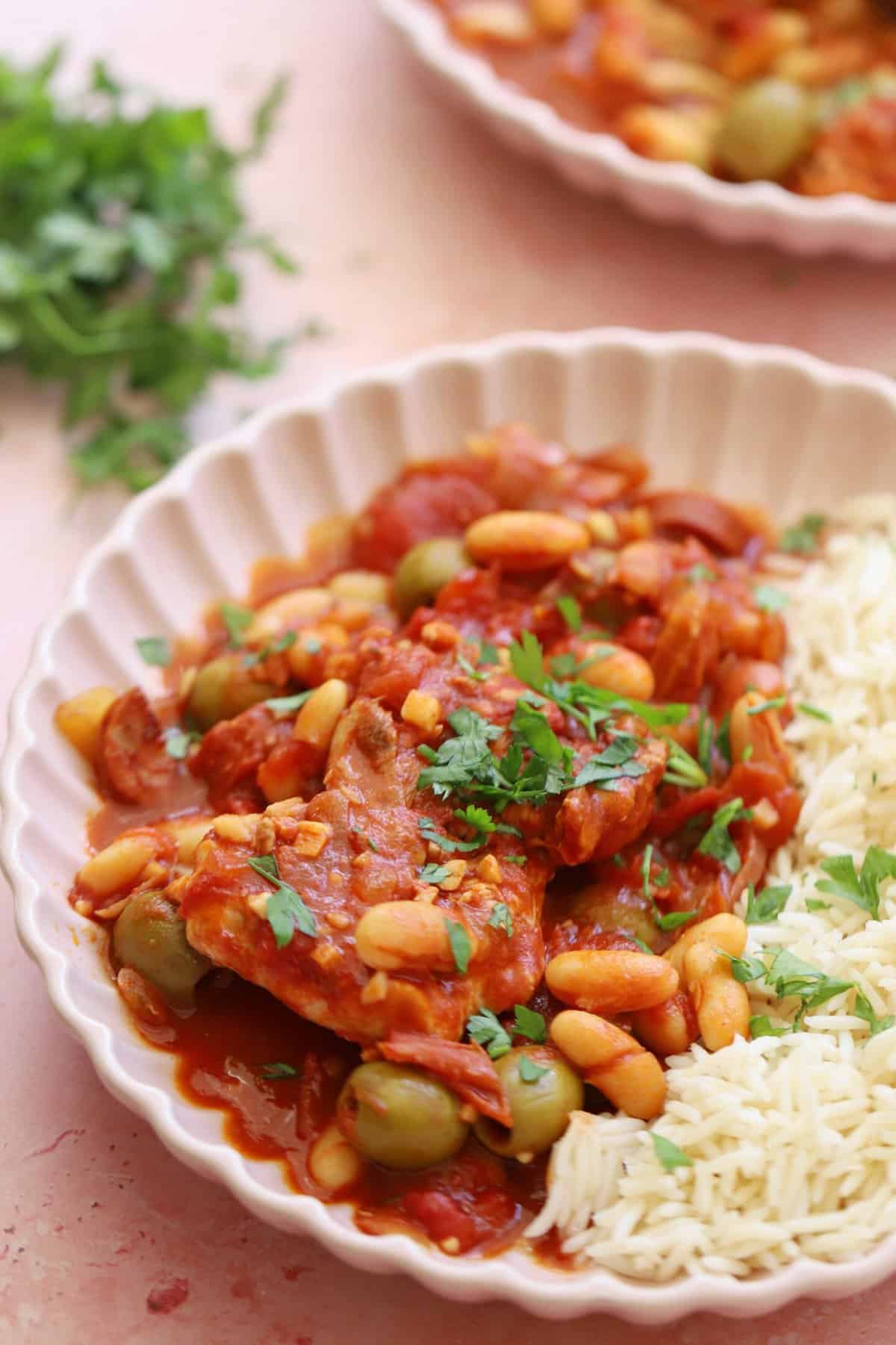 A bowl of gluten free Spanish chicken stew.