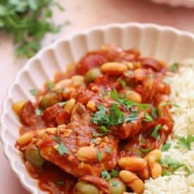 A bowl of gluten free Spanish chicken stew.