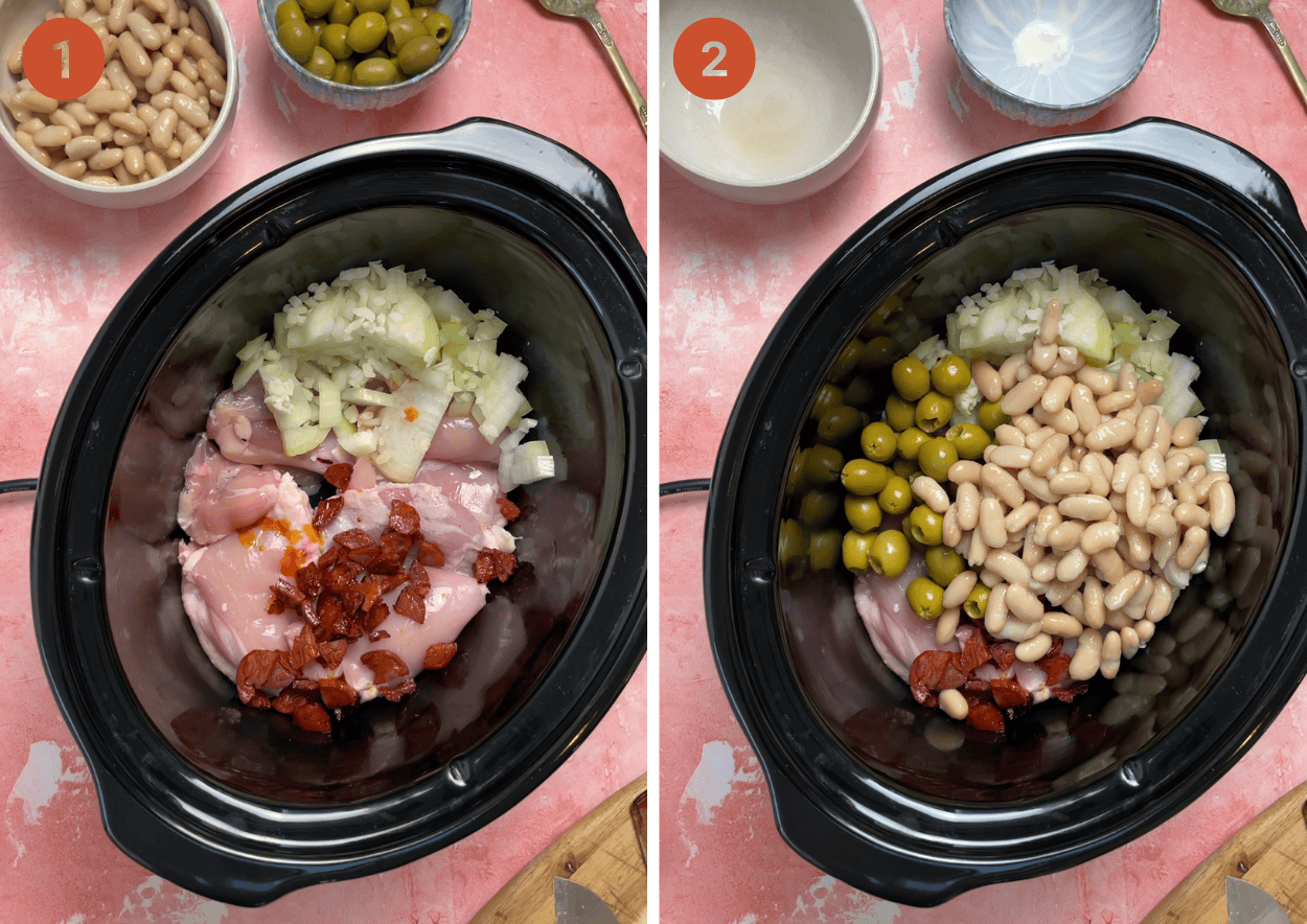 Adding ingredients to a slow cooker to make Spanish chicken stew.