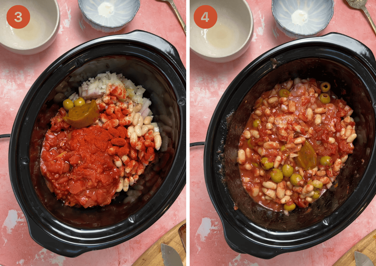 Adding ingredients to a slow cooker to make Spanish chicken stew.