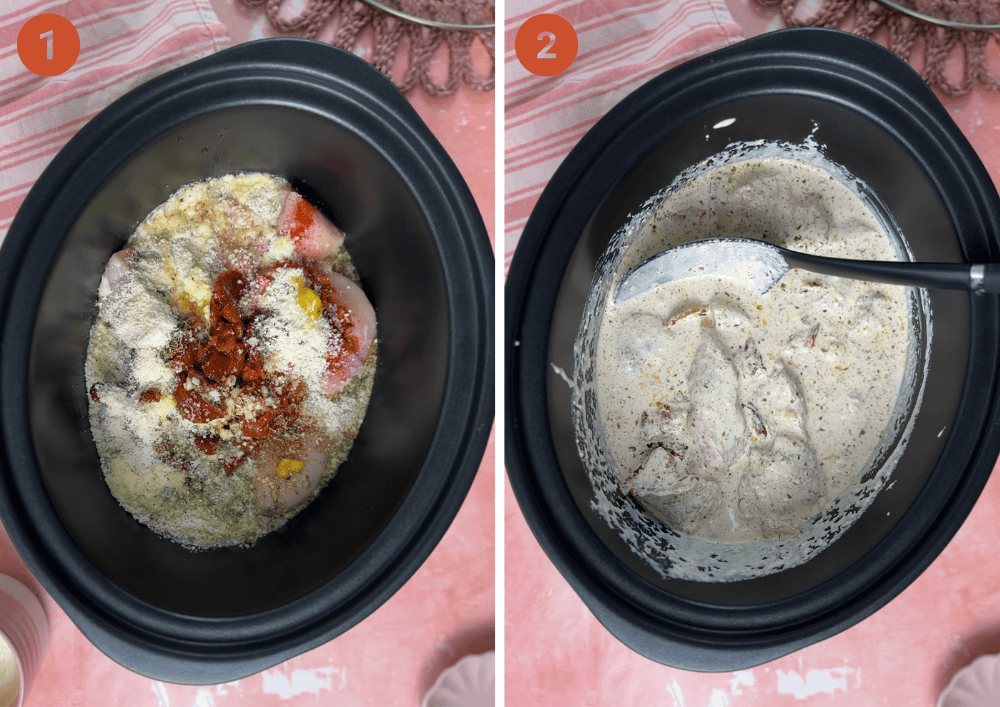 Recipe stages of making Tuscan chicken in the slow cooker showing adding all the ingredients to the crock pot.