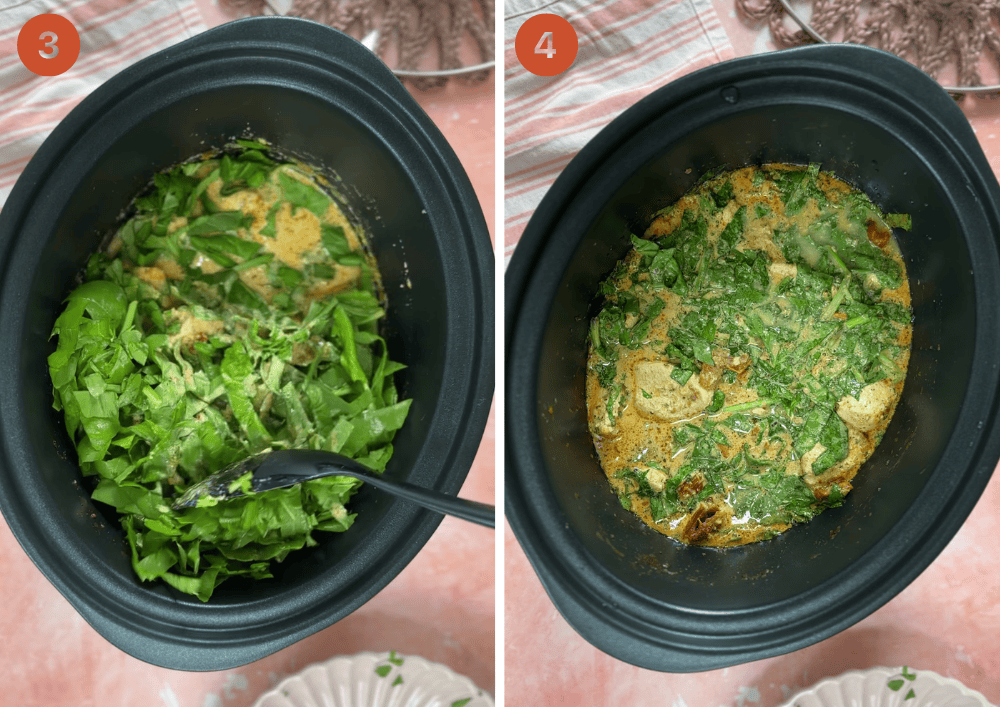 Adding spinach to the crock pot Tuscan chicken and (right) the finished Tuscan chicken.