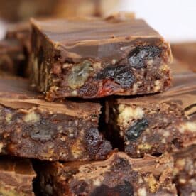 A plate of gluten free chocolate tiffin squares.