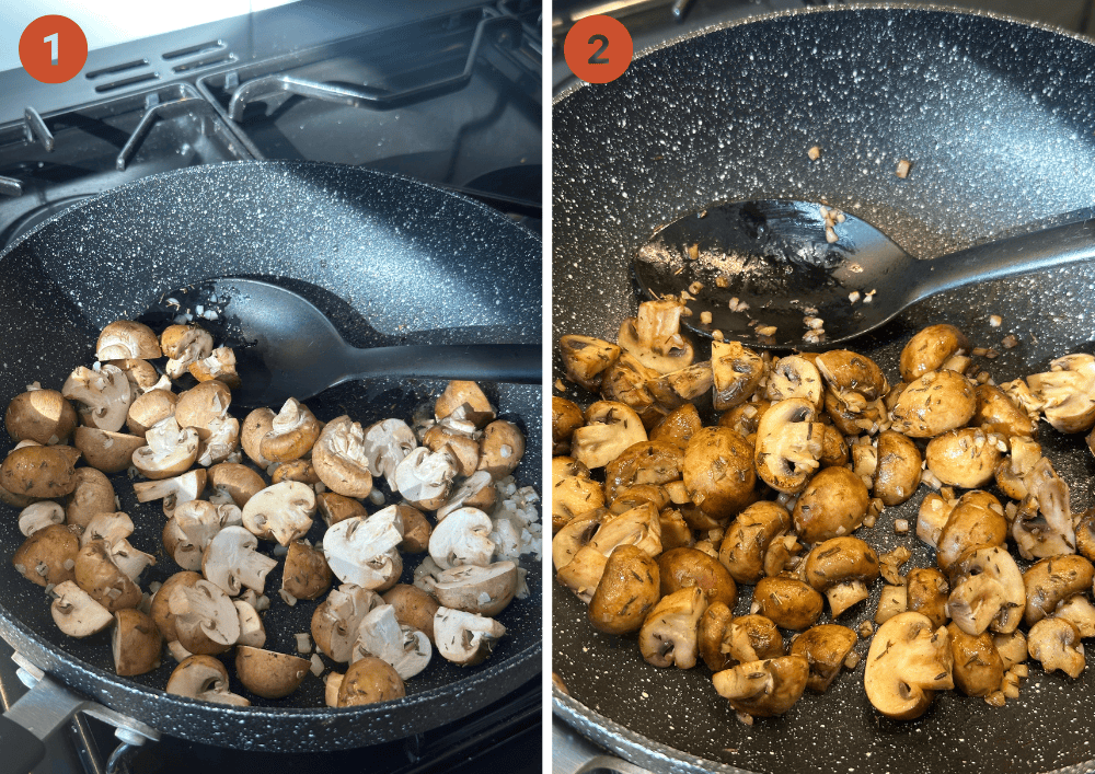 Frying mushrooms in a pan with garlic and thyme.