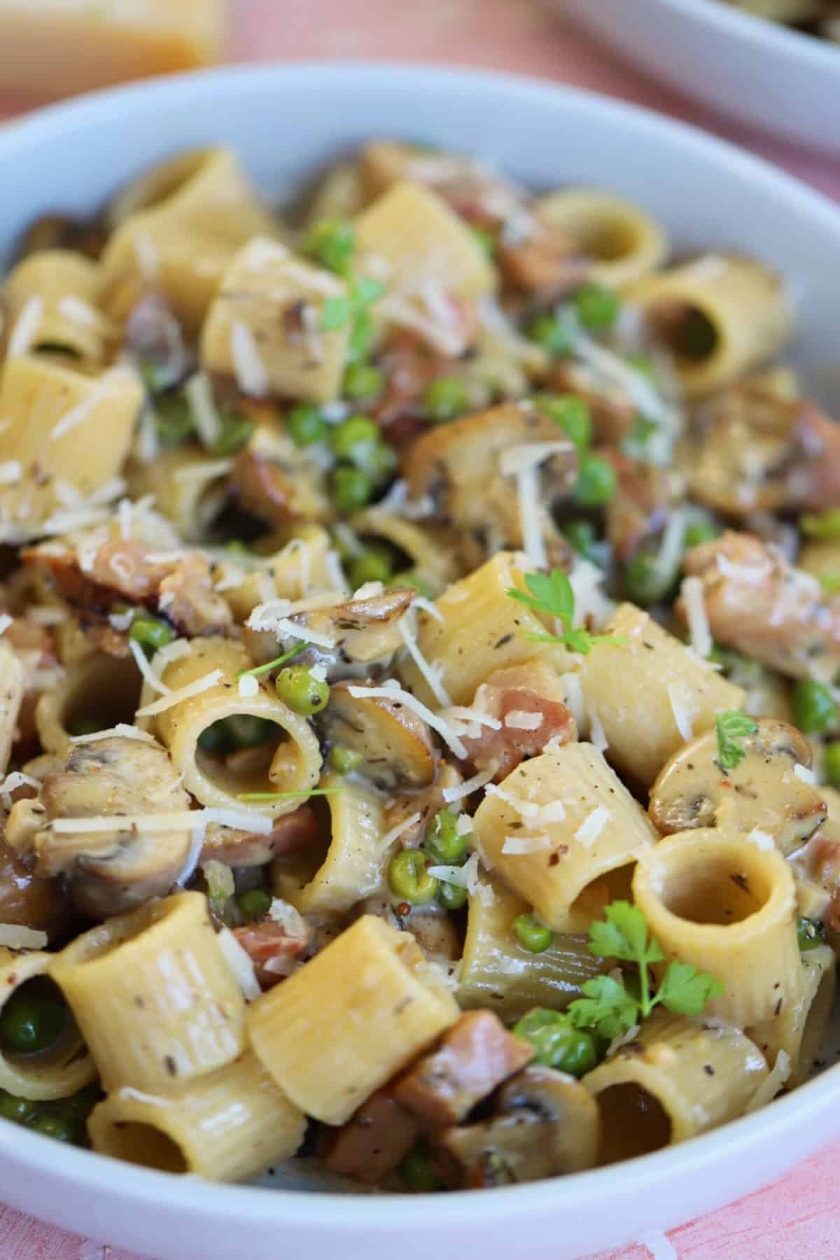 A bowl of creamy ham and mushroom pasta.