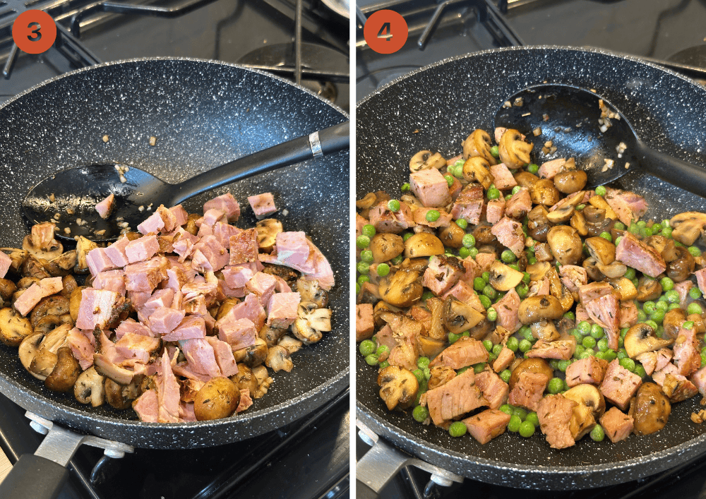 Adding the ham and peas to the mushrooms for the pasta sauce.