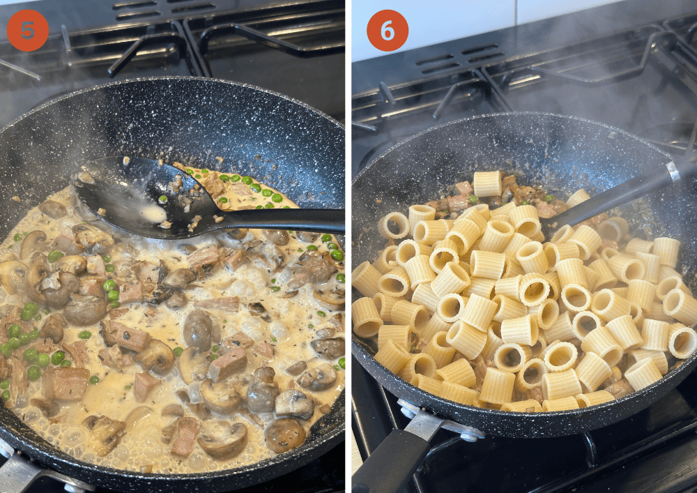 Making the sauce and adding the pasta to the ham and mushroom pasta dish.